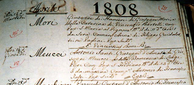 Registrazione del battesimo di Antonio Meucci